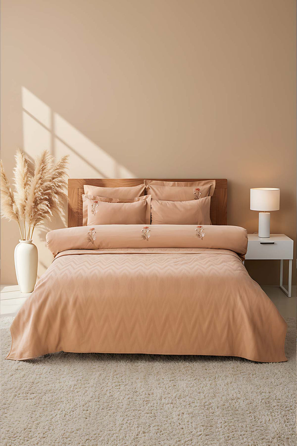 Noris Camel Nakışlı Çift Kişilik %100 Pamuklu Nevresimli Pike Takımı - 7 Parça Çeyiz Seti