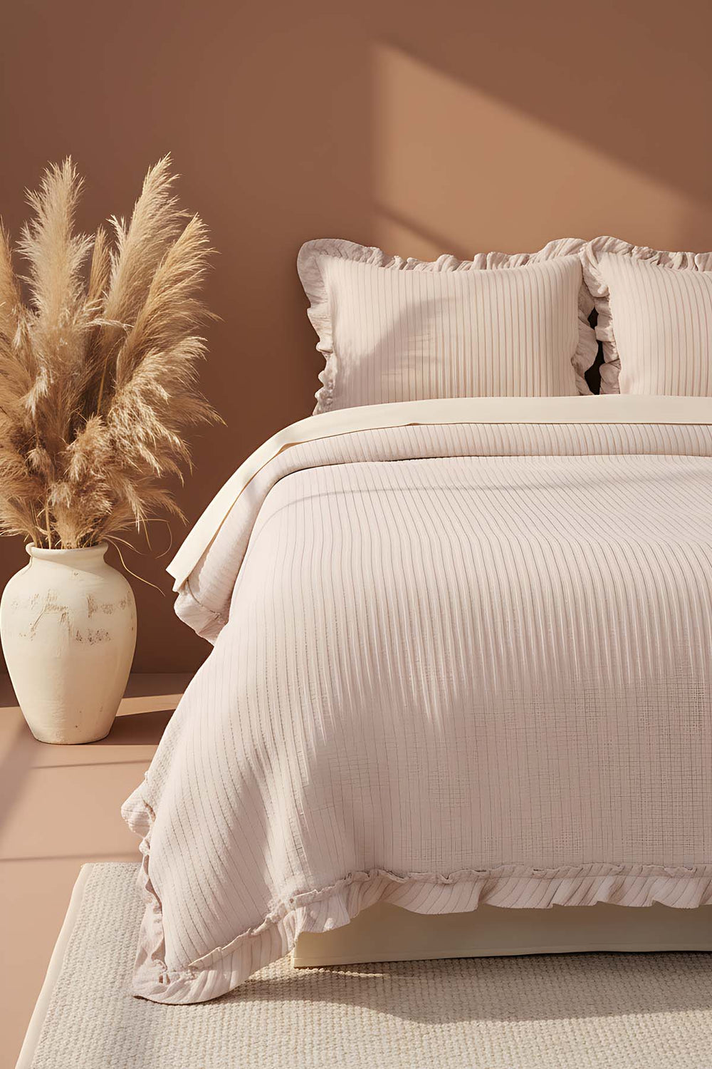 Marta Bej Çift Kişilik %100 Pamuklu Jakarlı Yatak Örtüsü Takımı 3 Parça Uyku Seti