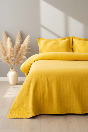 Orella Sarı Çift Kişilik %100 Pamuklu Jakarlı Yatak Örtüsü Takımı 3 Parça Uyku Seti