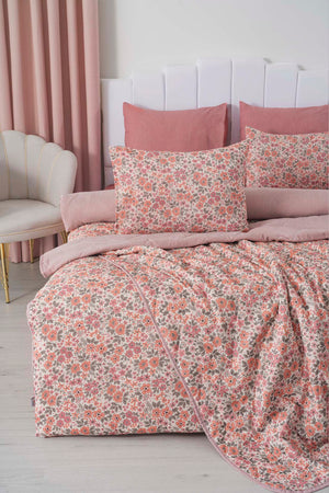 Pembe Bahar Çift Kişilik Nevresimli Pike Takımı - 7 Parça Çeyiz Seti