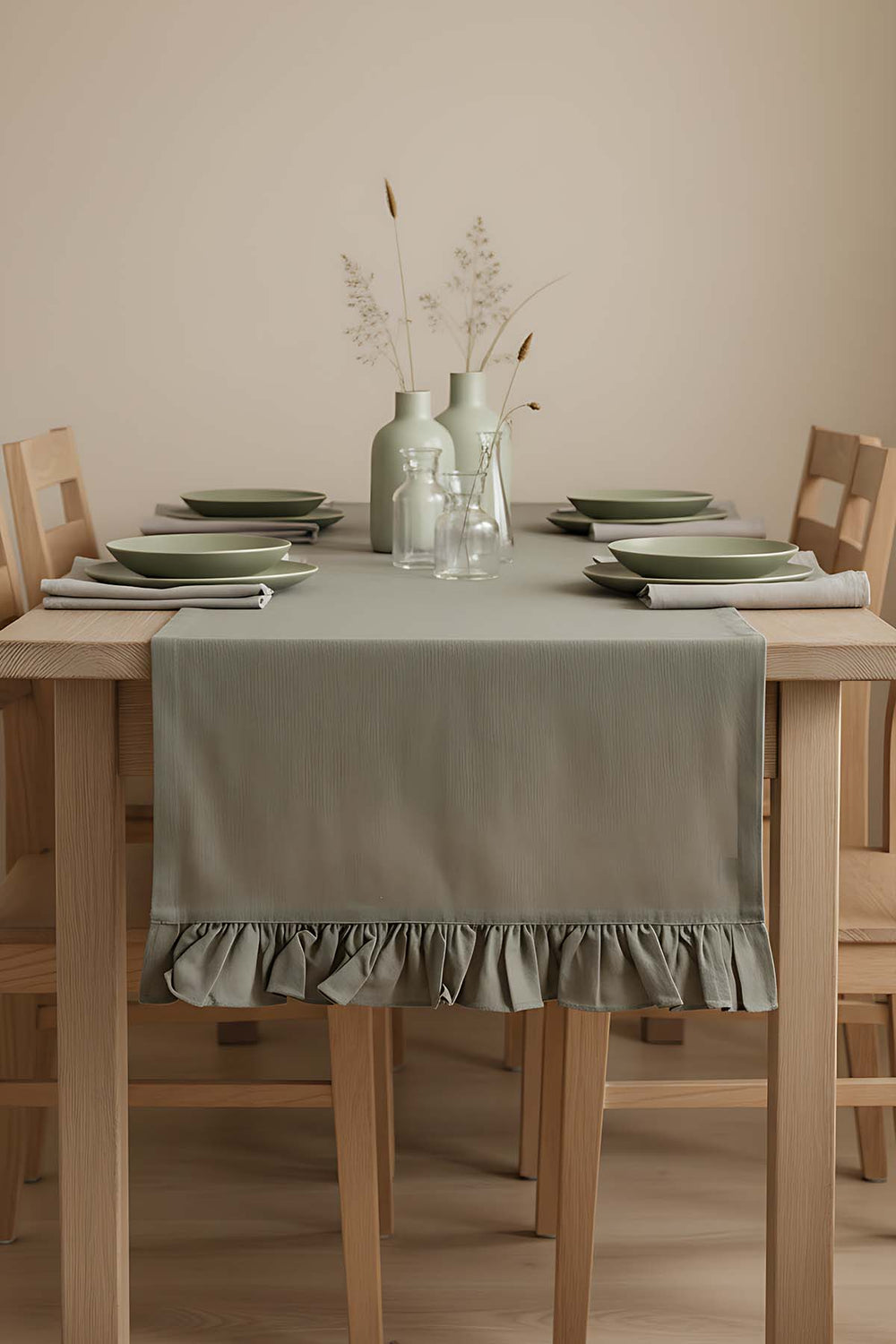 Ruffle Haki Fırfırlı %100 Pamuklu Ham Keten Runner 50x130 cm