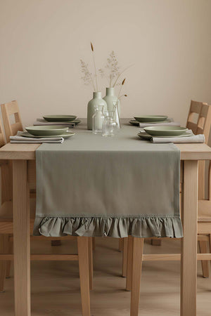 Ruffle Haki Fırfırlı %100 Pamuklu Ham Keten Runner 50x130 cm