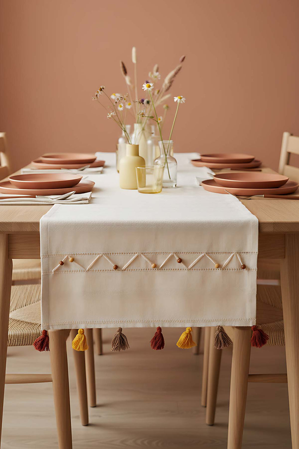 Ruffle Boncuk & Püsküllü %100 Pamuklu Ham Keten Runner 50x130 cm