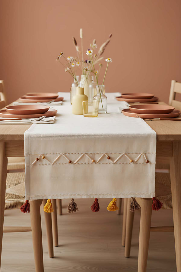 Ruffle Boncuk & Püsküllü %100 Pamuklu Ham Keten Runner 50x130 cm