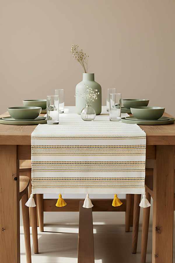 Ruffle Püsküllü Pamuklu Ham Keten Runner 50x130 cm