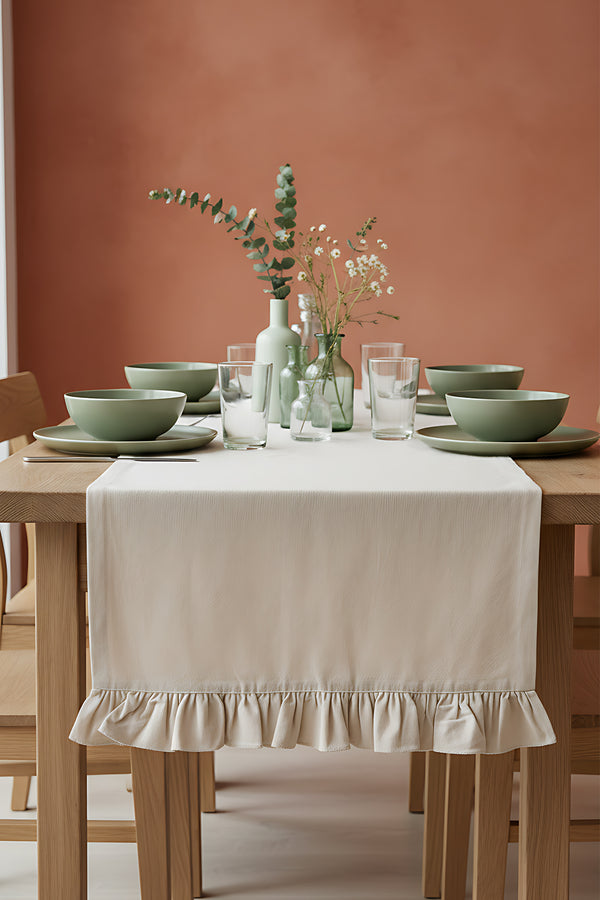 Ruffle Bej Fırfırlı %100 Pamuklu Ham Keten Runner 50x130 cm