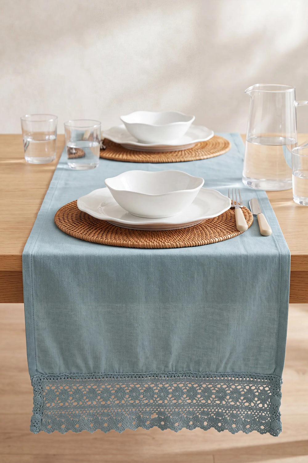 Mineral Blue Lacy Pamuklu Dantelli Runner 40x150 cm