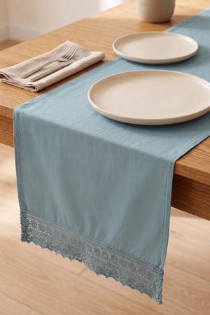Mineral Blue Lacy Pamuklu Dantelli Runner 40x150 cm