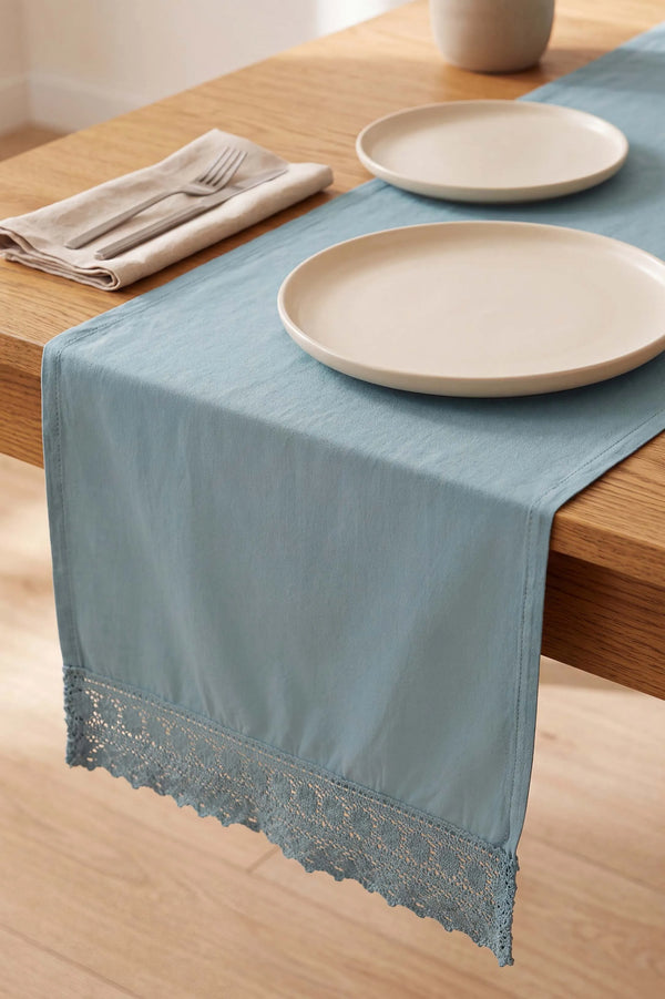 Mineral Blue Lacy Pamuklu Dantelli Runner 40x150 cm