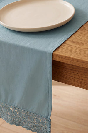 Mineral Blue Lacy Pamuklu Dantelli Runner 40x150 cm