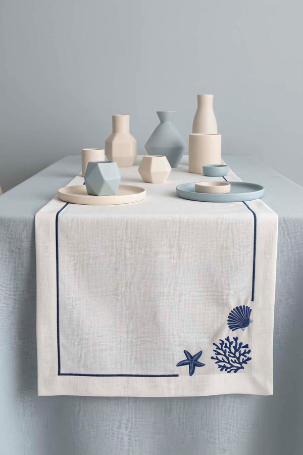 Marine Desenli Beyaz Zemin Nakışlı Runner 45x145 cm