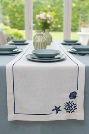 Marine Desenli Beyaz Zemin Nakışlı Runner 45x145 cm