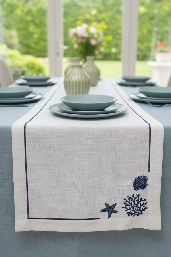 Marine Desenli Beyaz Zemin Nakışlı Runner 45x145 cm