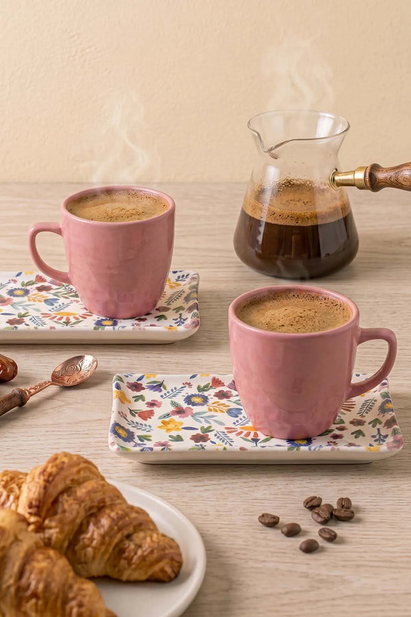 Pembe Keraart Springtime Doğaltaş 2 Kişilik Kahve Sunum Seti - 4 Parça