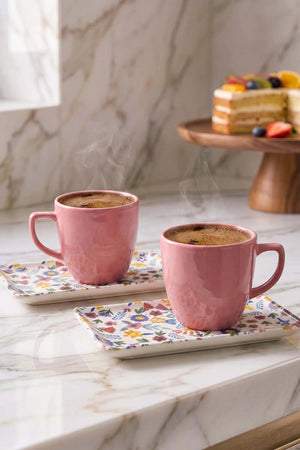 Pembe Keraart Springtime Doğaltaş 2 Kişilik Kahve Sunum Seti - 4 Parça