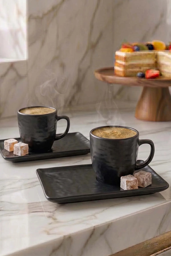 Mat Siyah Doğaltaş 2 Kişilik Kahve Sunum Seti - 4 Parça