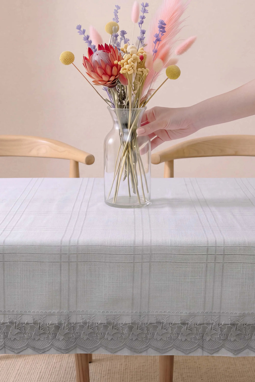 Gri Keten Efektli Leke Tutmaz Masa Örtüsü 150x220 cm