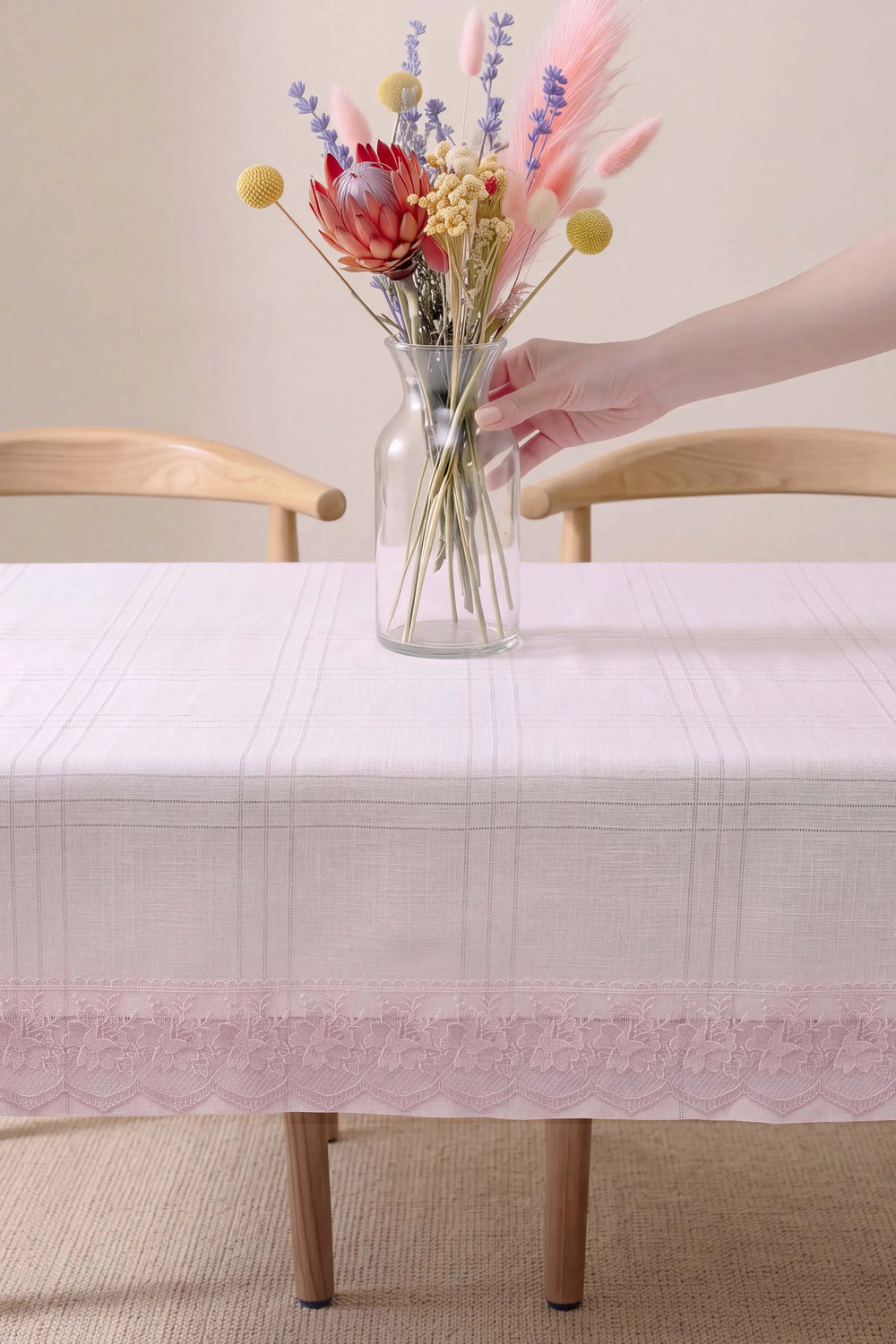 Pudra Keten Efektli Leke Tutmaz Masa Örtüsü 150x220 cm