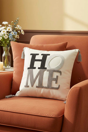 Gri Püsküllü Home Punch Kırlent Kılıfı