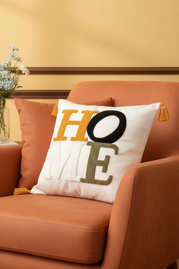 Sarı Püsküllü Home Punch Kırlent Kılıfı