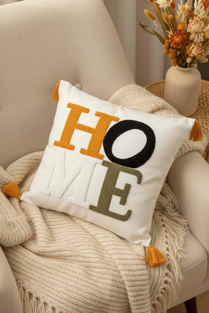 Sarı Püsküllü Home Punch Kırlent Kılıfı