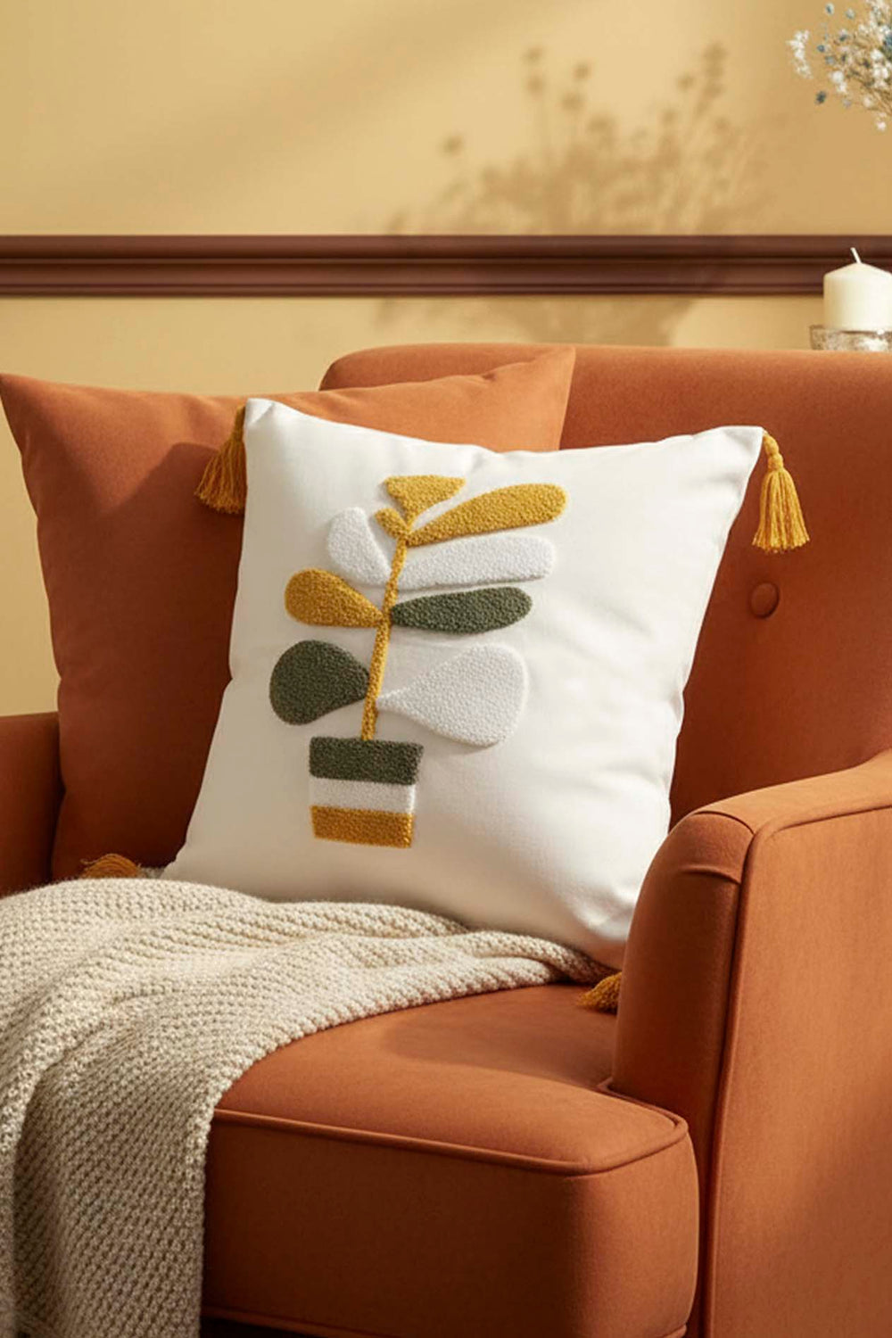 Saksı Desenli Punch Dekoratif Kırlent Kılıfı