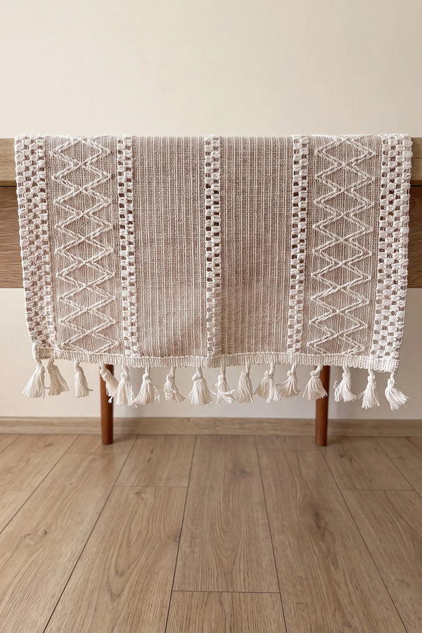 Bej Regina Pamuklu Püsküllü Runner 35x145 cm