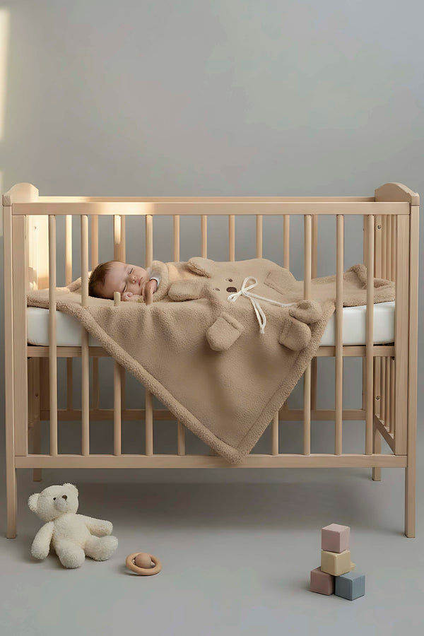 Ayıcık Figürlü Kahverengi Peluş Bebek Battaniyesi