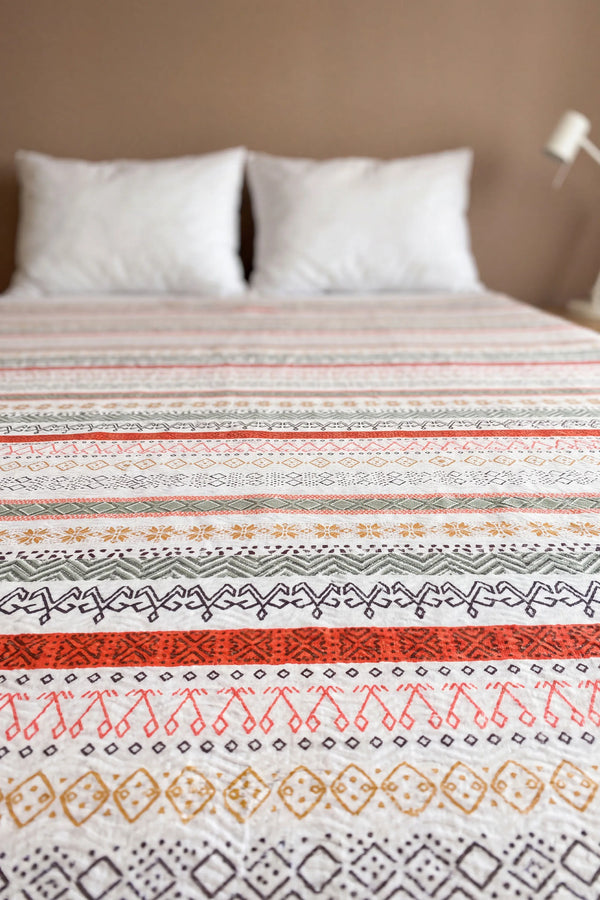 Şeritli Geometrik Desen Çift Kişilik Baskılı Pike & Yatak Örtüsü 200x230 cm