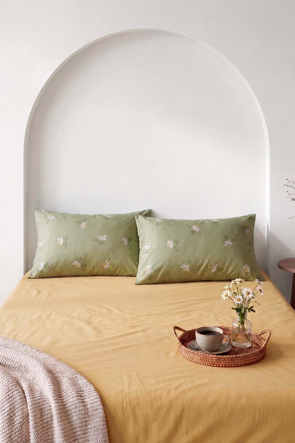Sarı Yeşil Papatya Çift Kişilik Lastikli Çarşaf Takımı 160x200 cm - 3 Parça