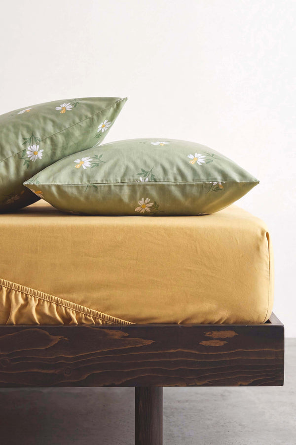 Sarı Yeşil Papatya Çift Kişilik Lastikli Çarşaf Takımı 160x200 cm - 3 Parça