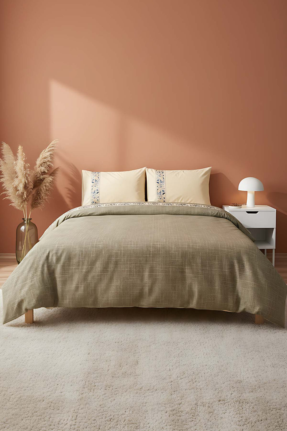 Folkart Bej Çift Kişilik Desenli %100 Pamuklu Nevresim Takımı - 4 Parça