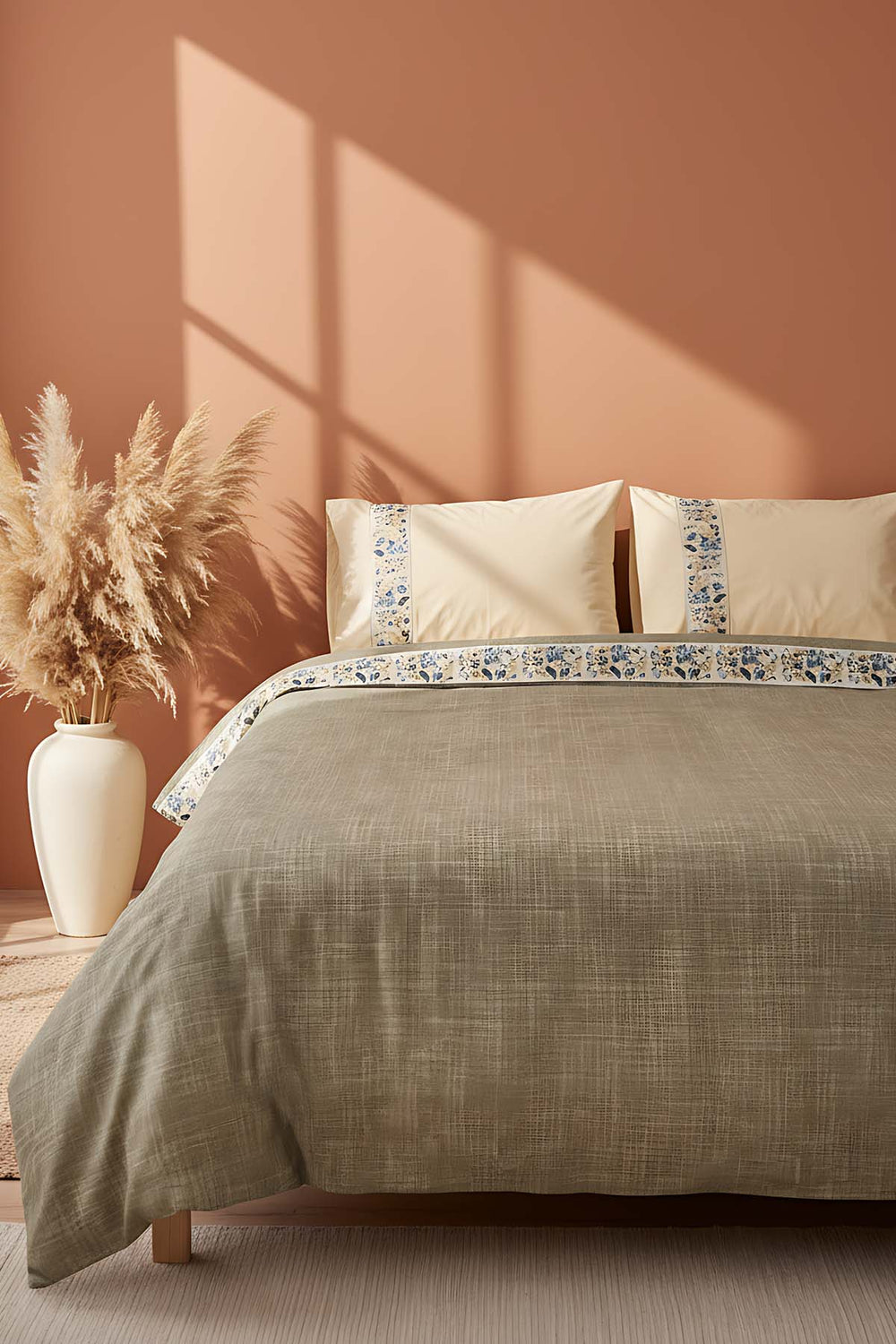 Folkart Bej Çift Kişilik Desenli %100 Pamuklu Nevresim Takımı - 4 Parça