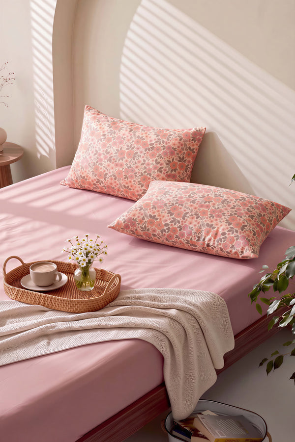 Pudra Pembe Bahar Çift Kişilik Lastikli Çarşaf Takımı 160x200 cm - 3 Parça