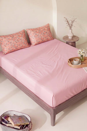 Pudra Pembe Bahar Çift Kişilik Lastikli Çarşaf Takımı 160x200 cm - 3 Parça