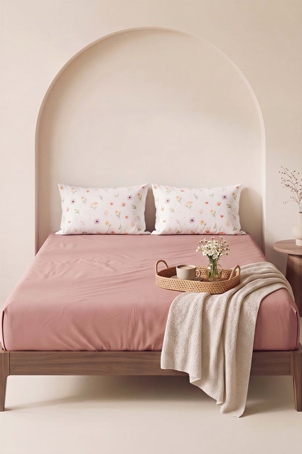 Pudra Kahve Soft Çiçekli Çift Kişilik Lastikli Çarşaf Takımı 160x200 cm - 3 Parça