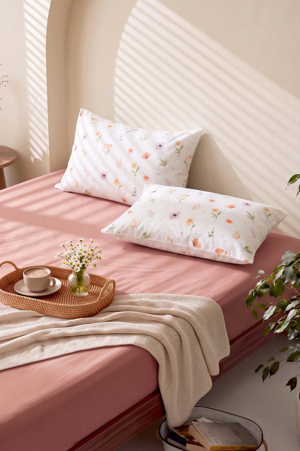 Pudra Kahve Soft Çiçekli Çift Kişilik Lastikli Çarşaf Takımı 160x200 cm - 3 Parça