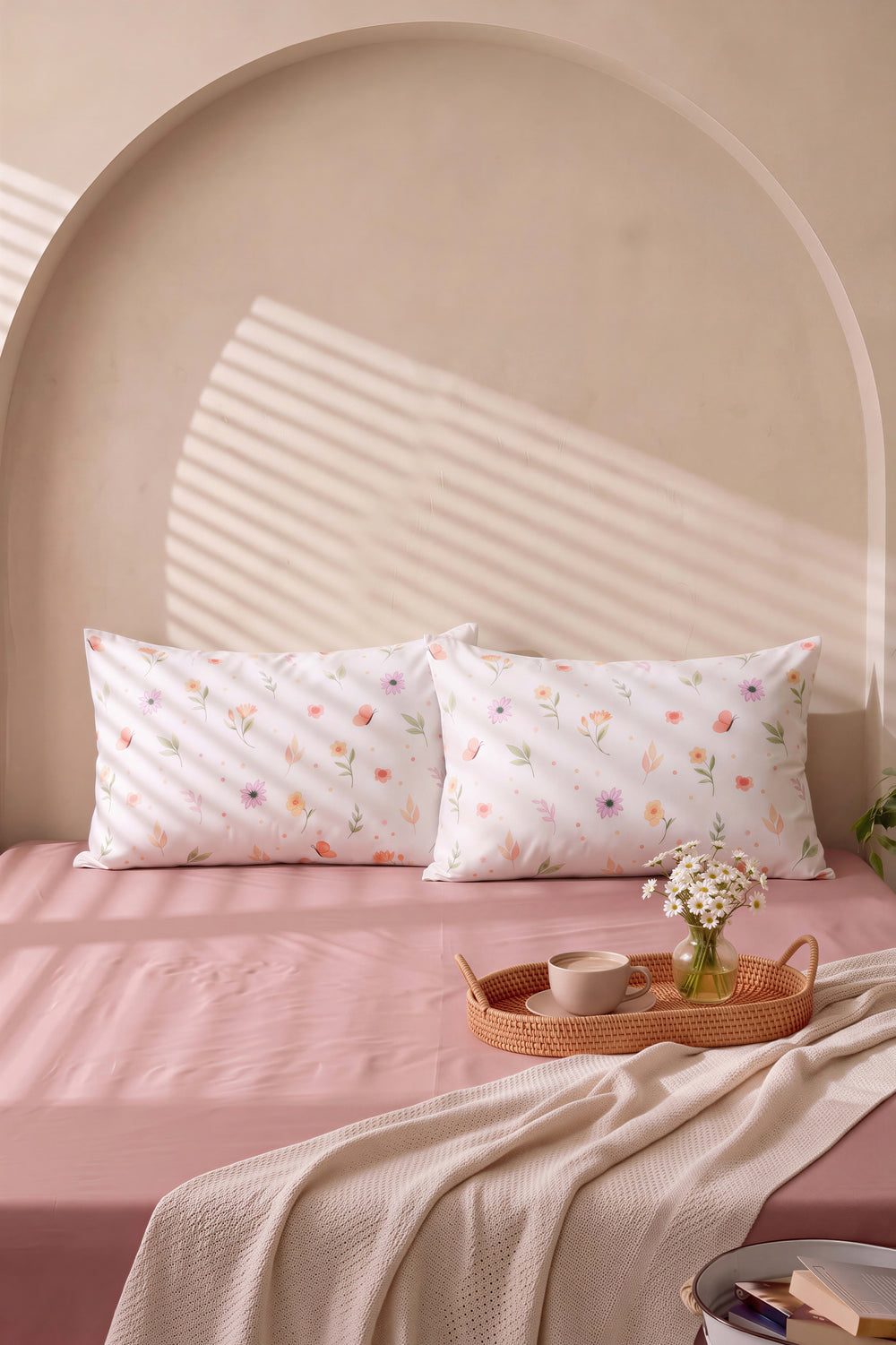 Pudra Kahve Soft Çiçekli Çift Kişilik Düz Çarşaf Takımı - 3 Parça