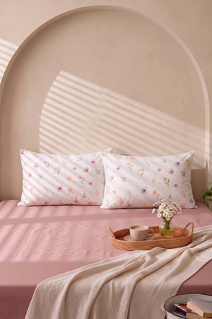 Pudra Kahve Soft Çiçekli Çift Kişilik Lastikli Çarşaf Takımı 160x200 cm - 3 Parça