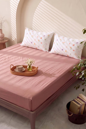 Pudra Kahve Soft Çiçekli Çift Kişilik Lastikli Çarşaf Takımı 160x200 cm - 3 Parça