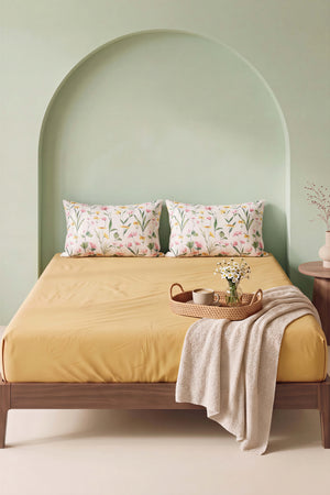 Sarı Botanical Çift Kişilik Lastikli Çarşaf Takımı 160x200 cm - 3 Parça