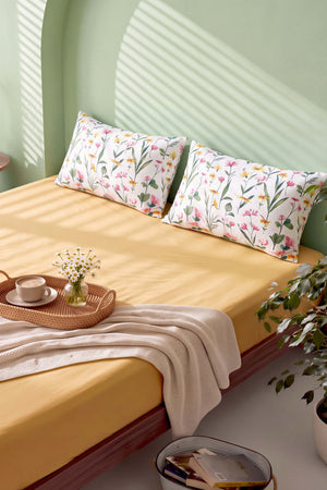 Sarı Botanical Çift Kişilik Lastikli Çarşaf Takımı 160x200 cm - 3 Parça