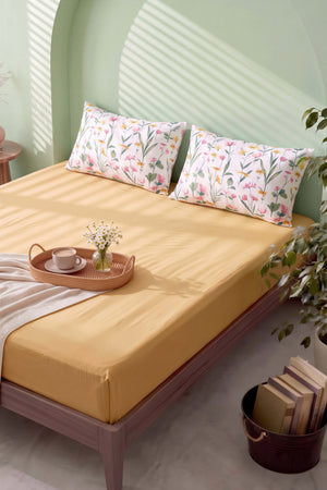 Sarı Botanical Çift Kişilik Lastikli Çarşaf Takımı 160x200 cm - 3 Parça