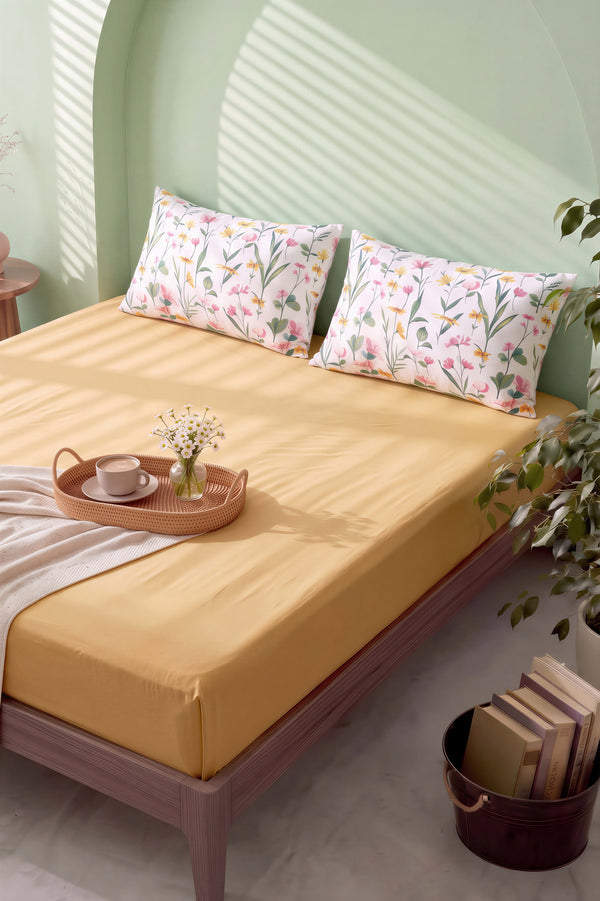 Sarı Botanical Çift Kişilik Lastikli Çarşaf Takımı 160x200 cm - 3 Parça