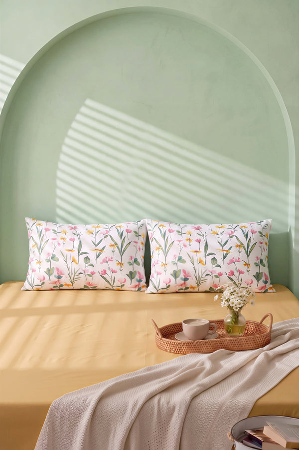 Sarı Botanical Çift Kişilik Lastikli Çarşaf Takımı 160x200 cm - 3 Parça