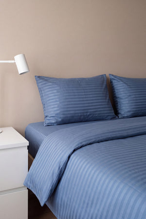 Elite İndigo Çizgili Saten Çift Kişilik Nevresim Takımı - 4 Parça