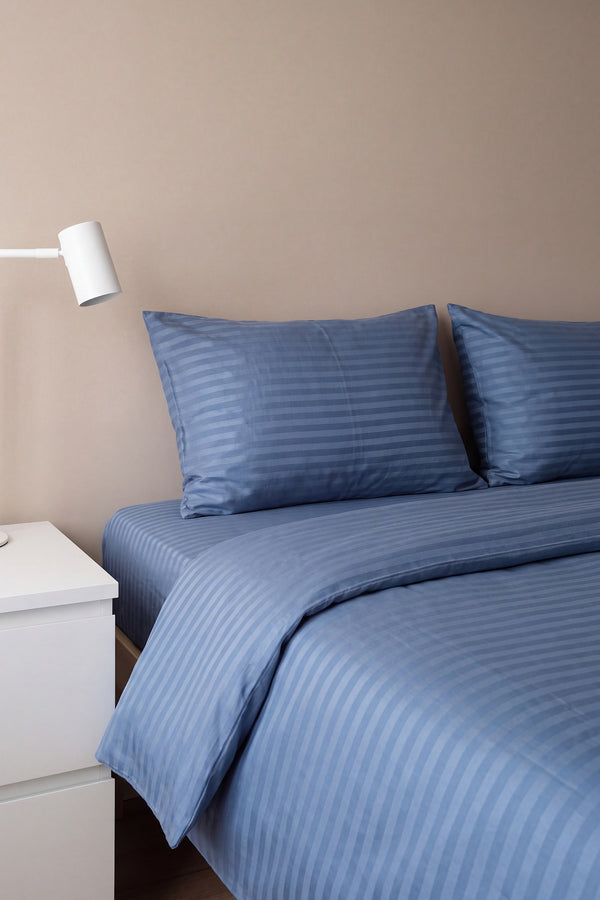 Elite İndigo Çizgili Saten Çift Kişilik Nevresim Takımı - 4 Parça