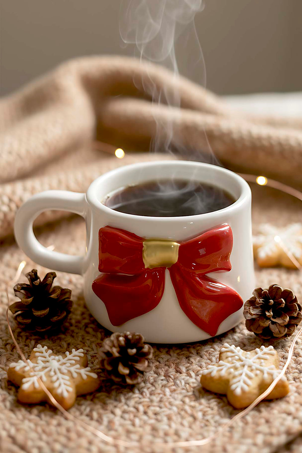 Kurdele Amore 24 K Altın Süslemeli El Yapımı Yılbaşı Hediyesi Seramik Double Kahve Fincanı, Mug, Kupa