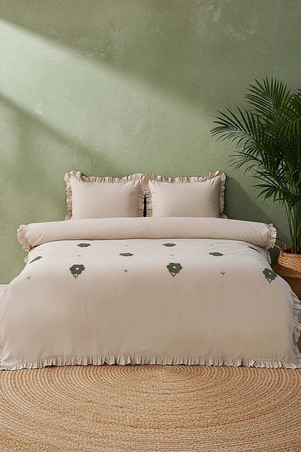 Florita Cappuccino Çift Kişilik Nakışlı %100 Pamuklu Nevresim Takımı – 4 Parça