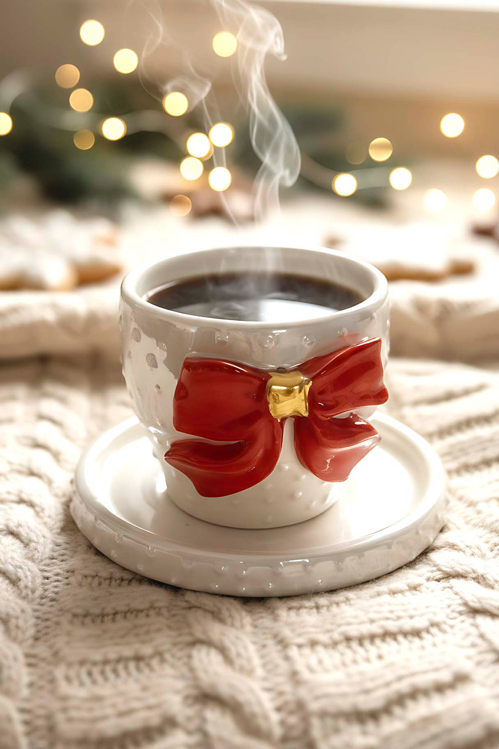 Kurdele Amore 24 K Altın Süslemeli El Yapımı Yılbaşı Hediyesi Seramik Double Kahve Bardağı, Mug, Kupa